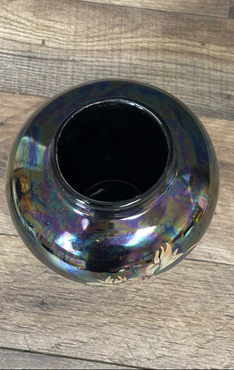 Vintage Japanese Lusterware Vase Iris Bird Black Iridescent 7 Inch