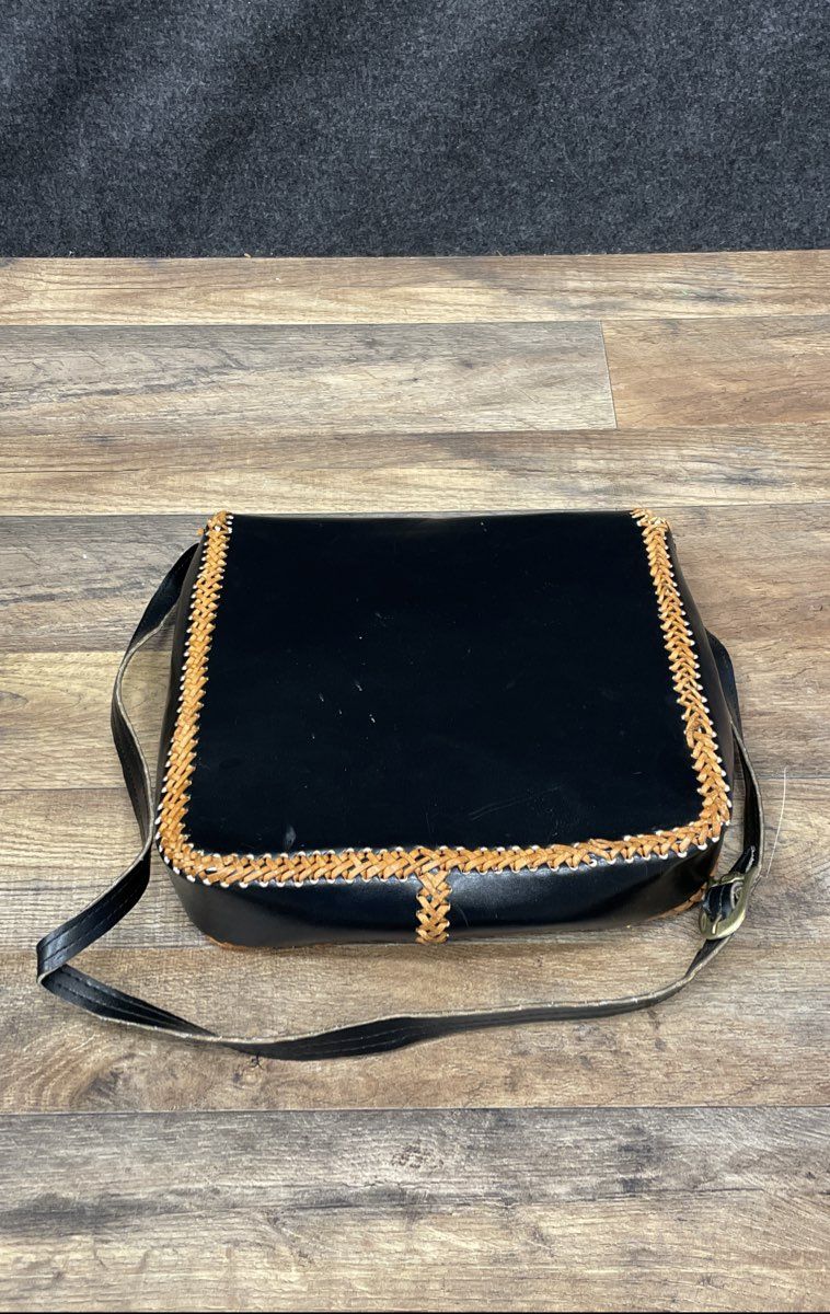 Vintage Handcrafted Black Leather Hand Painted Folk Art Crossbody Bag