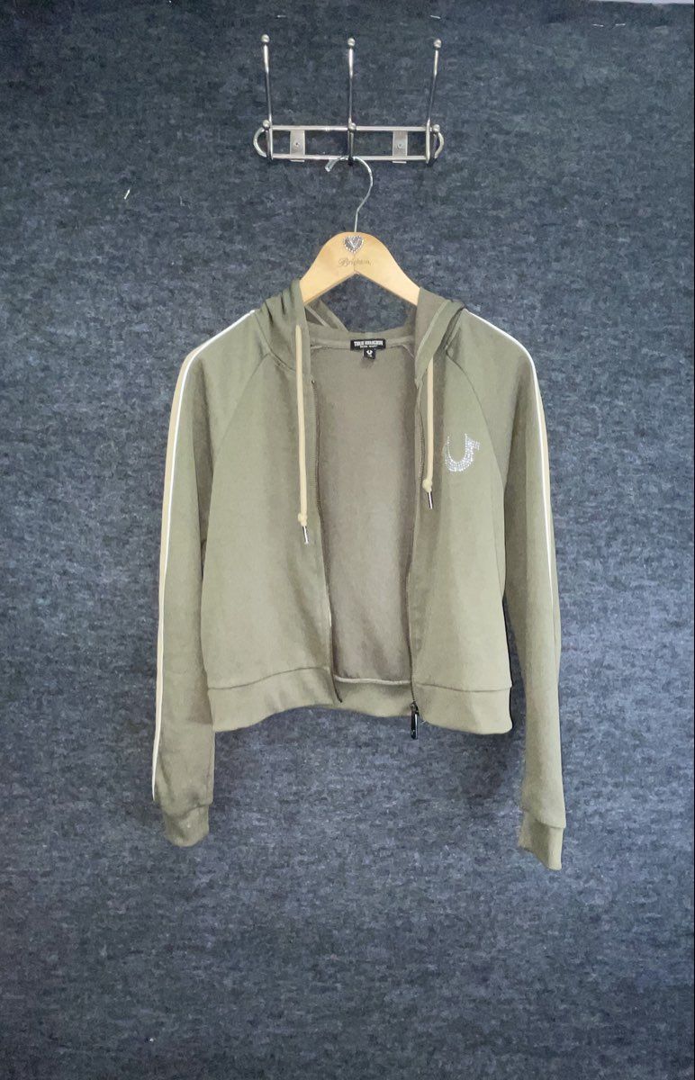 True Religion Women's Olive Green Rhinestone Cropped Full Zip Hoodie Sz S