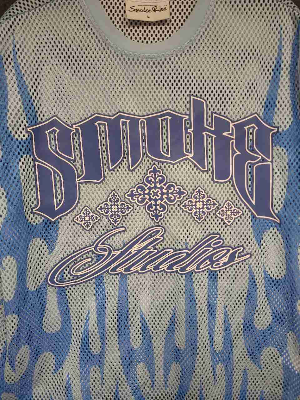 Smoke Rise Men's Mesh Jersey Shirt Blue White Flame Smoke Studios Graphic Sz M