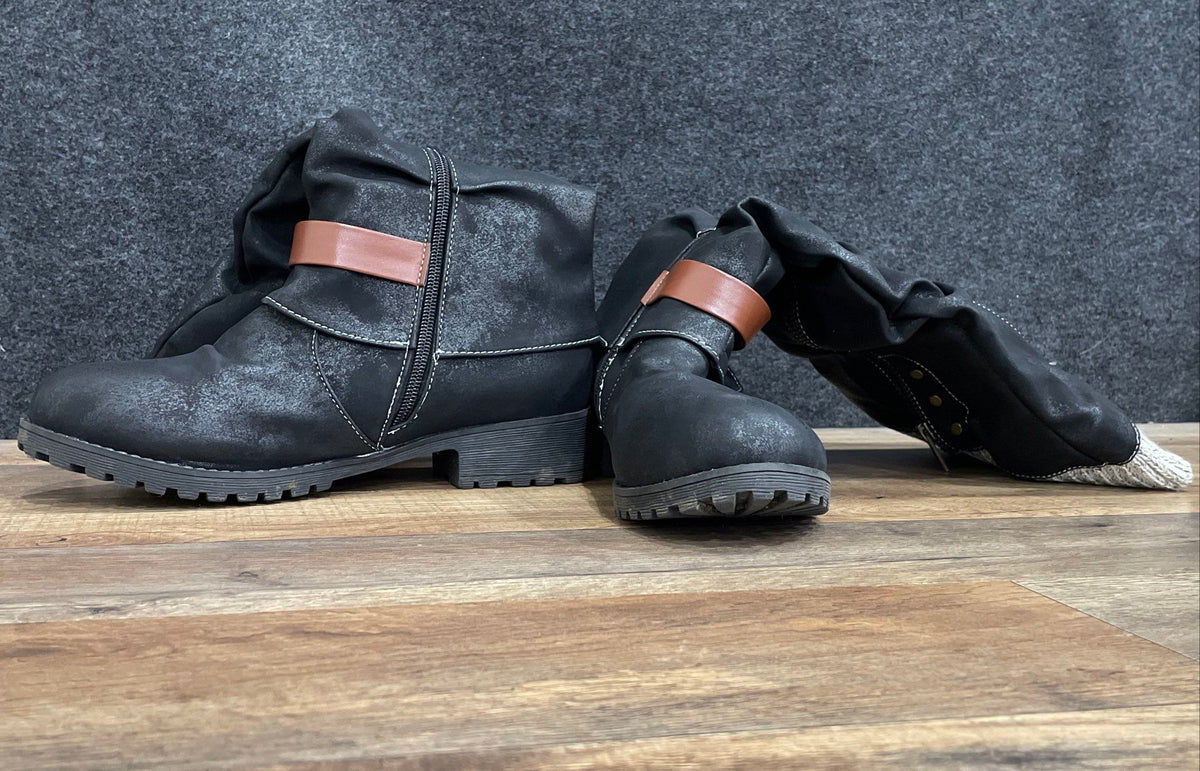 Black Distressed Faux Leather Knit Cuff Slouch Buckle Boots Size 39