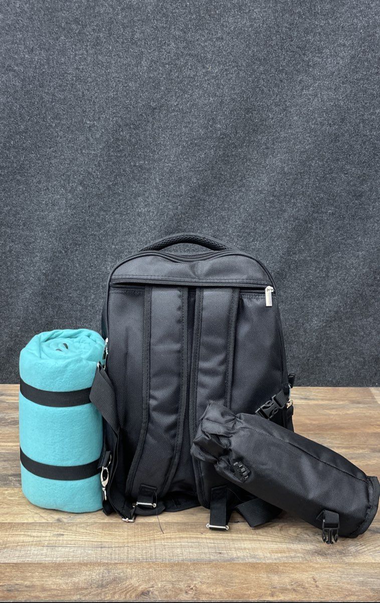 One Savvy Girl Black Picnic Backpack Set 4 Person with Teal Fleece Blanket