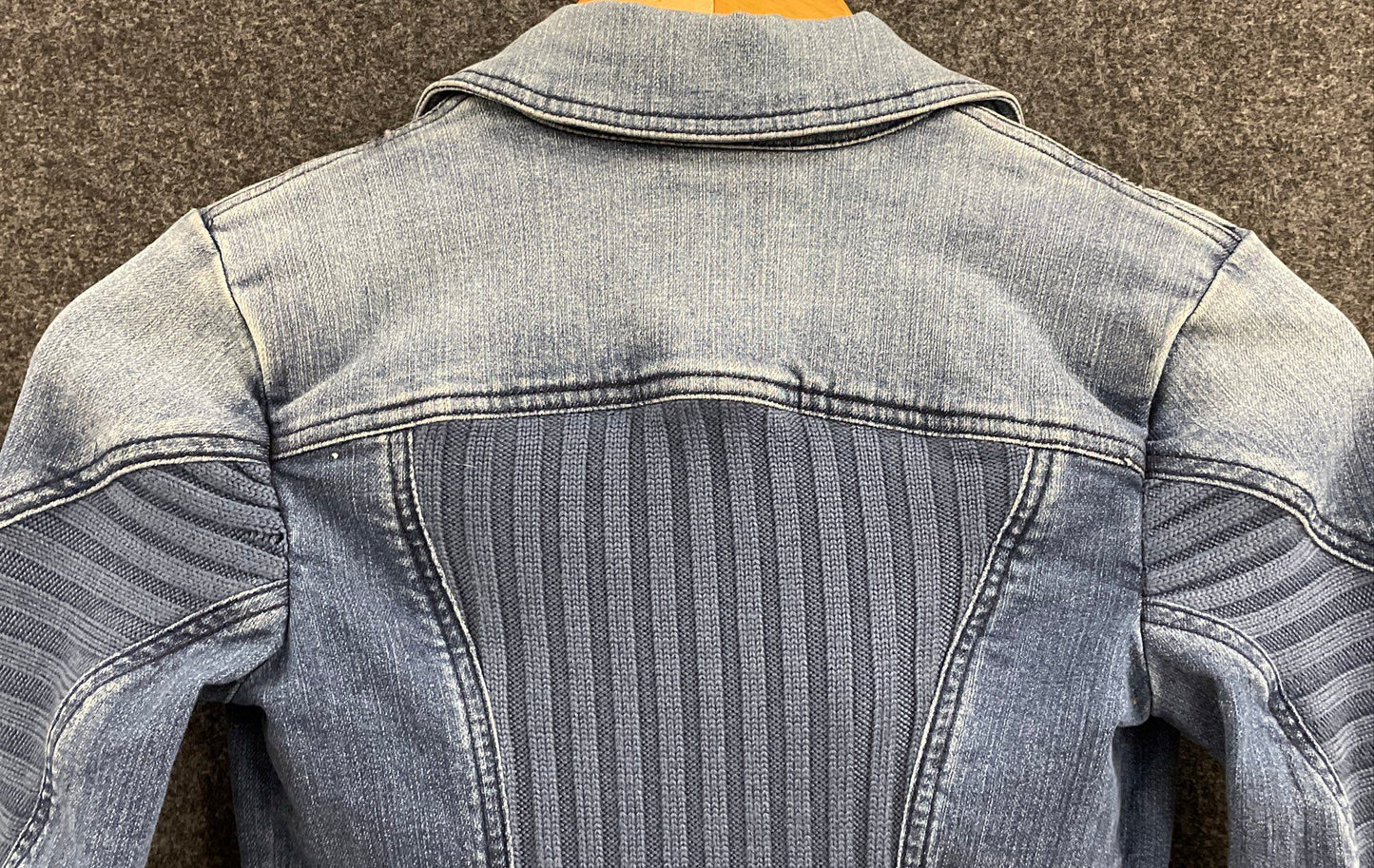Sam Edelman Women's Blue Denim Moto Jacket Asymmetrical Zip Ribbed Panels Sz XS