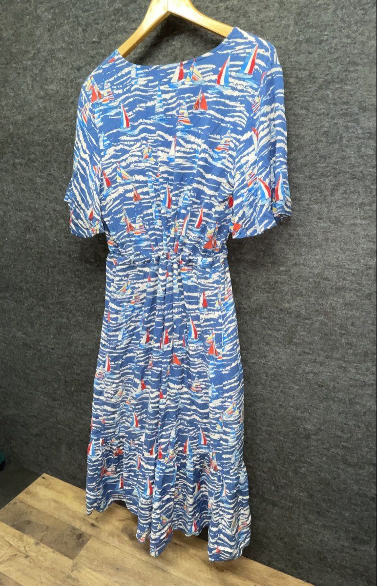 Stitch by Chenault Women's Blue Nautical Sailboat Print Rayon Tie Waist Midi XL