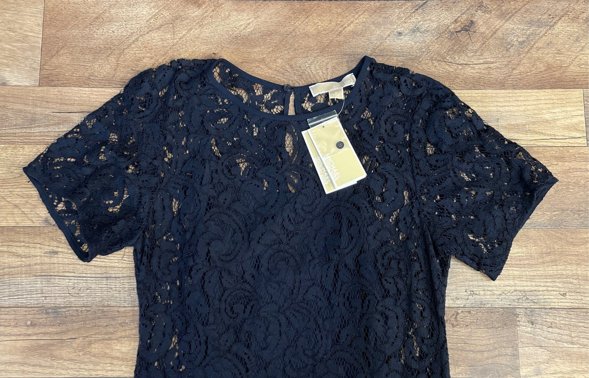 Michael Kors Women's Navy Floral Lace Short Sleeve Ruffle Hem Dress Sz 6 NWT