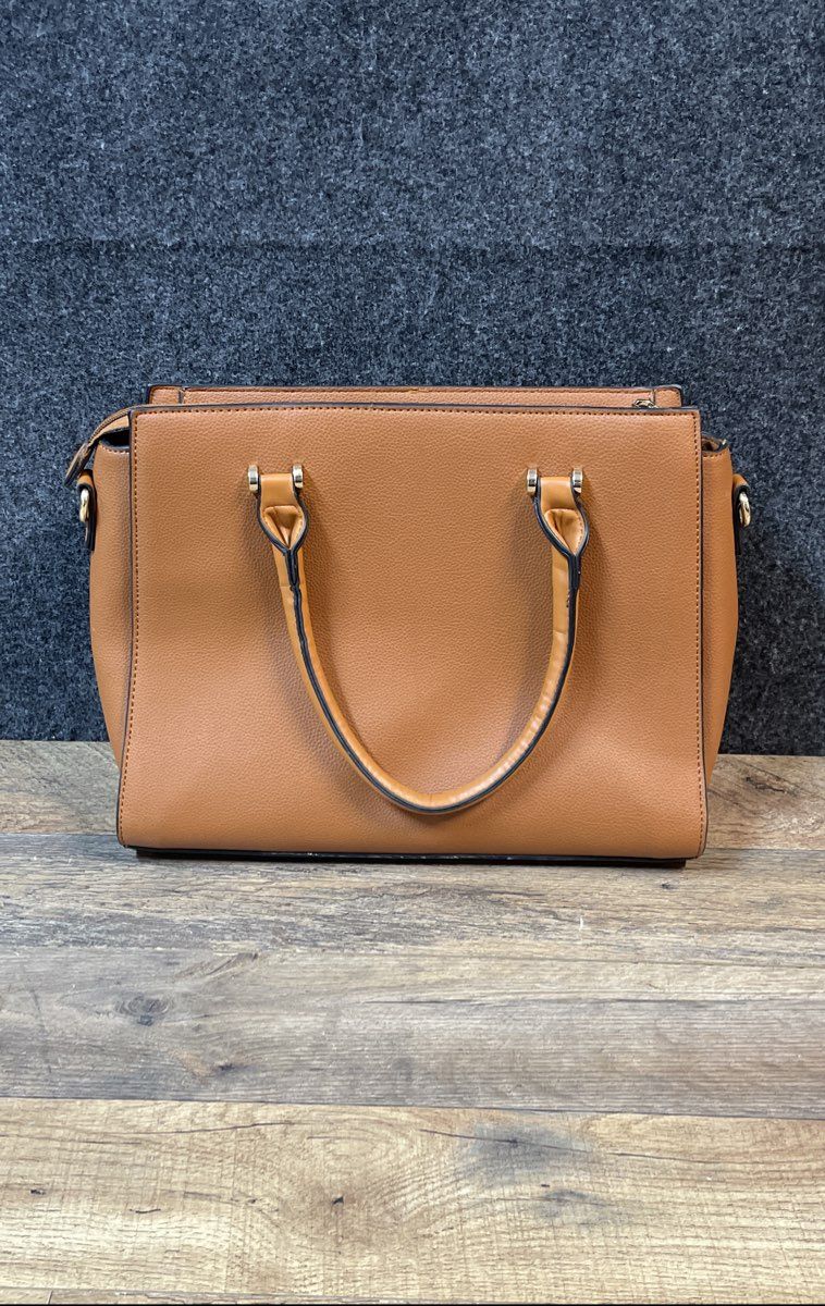 Isabelle Brown Pebbled Faux Leather Satchel Handbag Gold Tone Large Tote