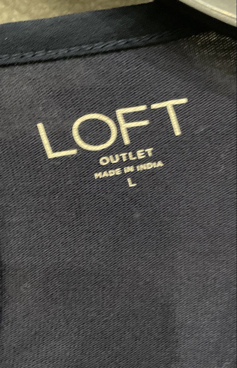 LOFT Outlet Women's Navy Blue Mixed Media Blouse Embroidered Trim Keyhole Sz L
