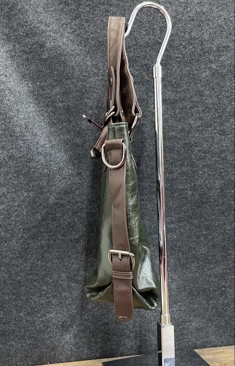GB Green Textured Leather Tote Bag Brown Trim Gunmetal Hardware Large