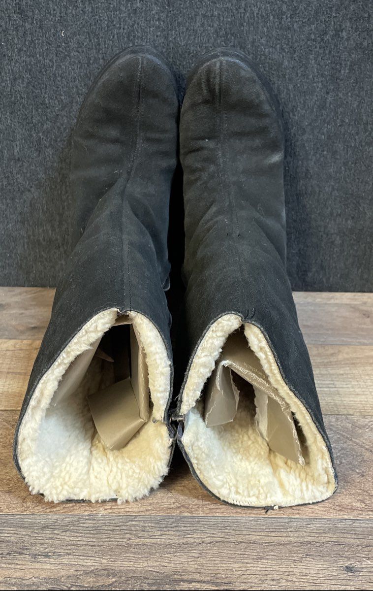 Vintage Made in England Black Suede Sheepskin Lined Mid Calf Boots Size UK 4
