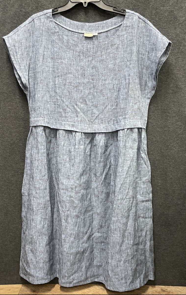 Baltic Linen Women's Blue Grey 100% Linen Cap Sleeve Shift Dress Sz 40