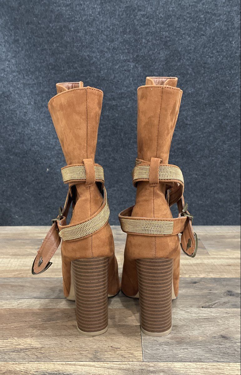 Women's Tan Faux Suede Pointed Toe Block Heel Strap Mid Calf Boots Size 7