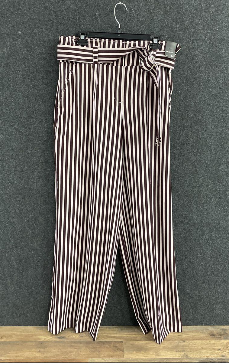 New York & Company Women's Burgundy White Striped Palazzo Pants Sz 14 NWT