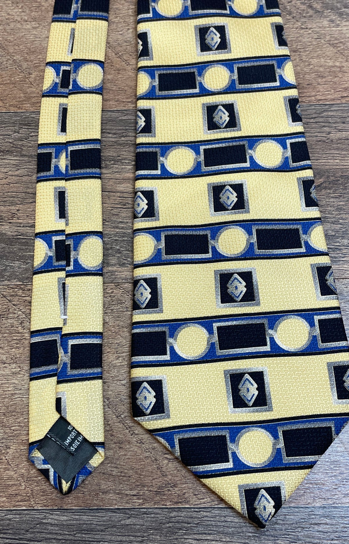 Christian Dior Men's Silk Necktie Yellow Blue Geometric Vintage Cravate COA
