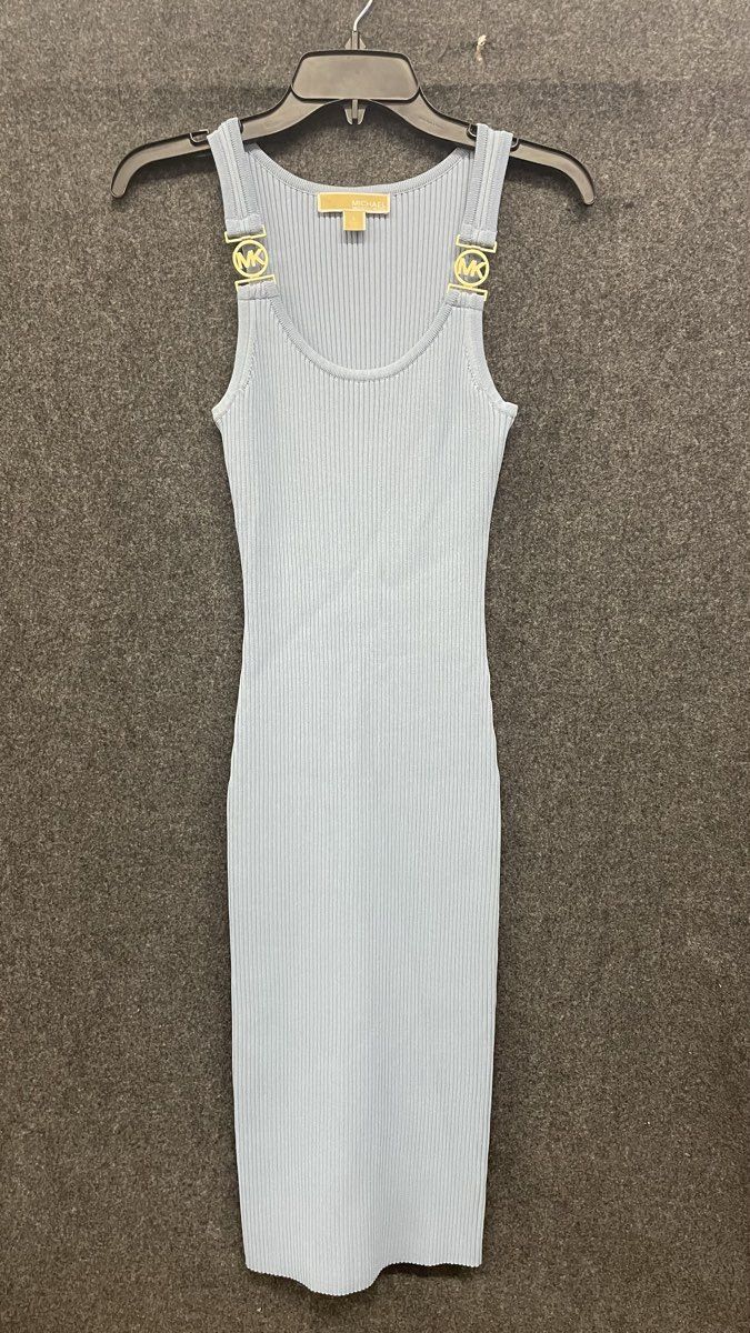Michael Kors Women's Blue Ribbed Knit Midi Tank Dress Gold Logo Hardware Sz S