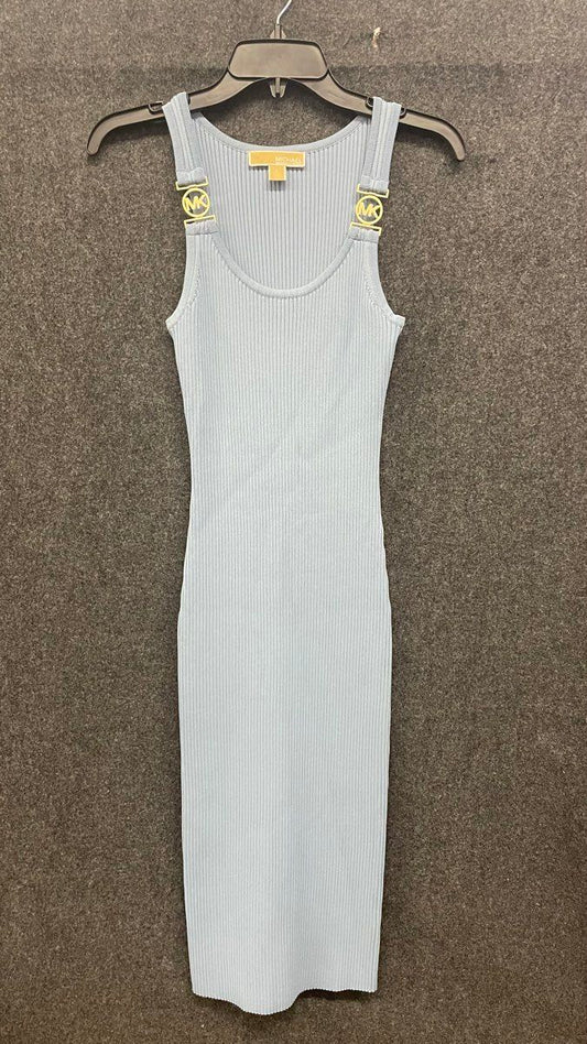 Michael Kors Women's Blue Ribbed Knit Midi Tank Dress Gold Logo Hardware Sz S