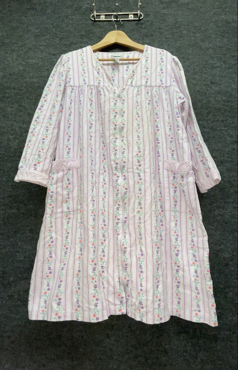 Bobbie Brooks Women's Purple Floral Striped Cotton Zip Front Nightgown L 14/16