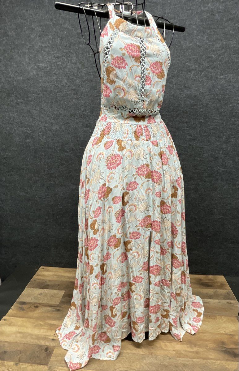 Women's Floral Halter Maxi Dress Blue Pink Crochet Trim Smocked Waist Tie Back