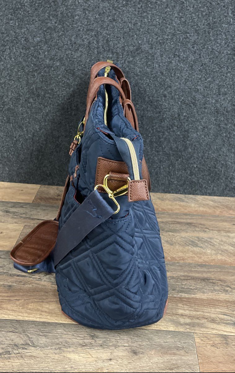Adrienne Vittadini Navy Quilted Nylon Tote Bag Crossbody Laptop Bag Gold