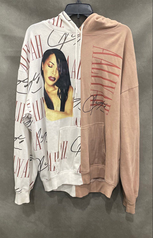 Aaliyah Women's White Brown Split Design Graphic Pullover Hoodie Sz 1X