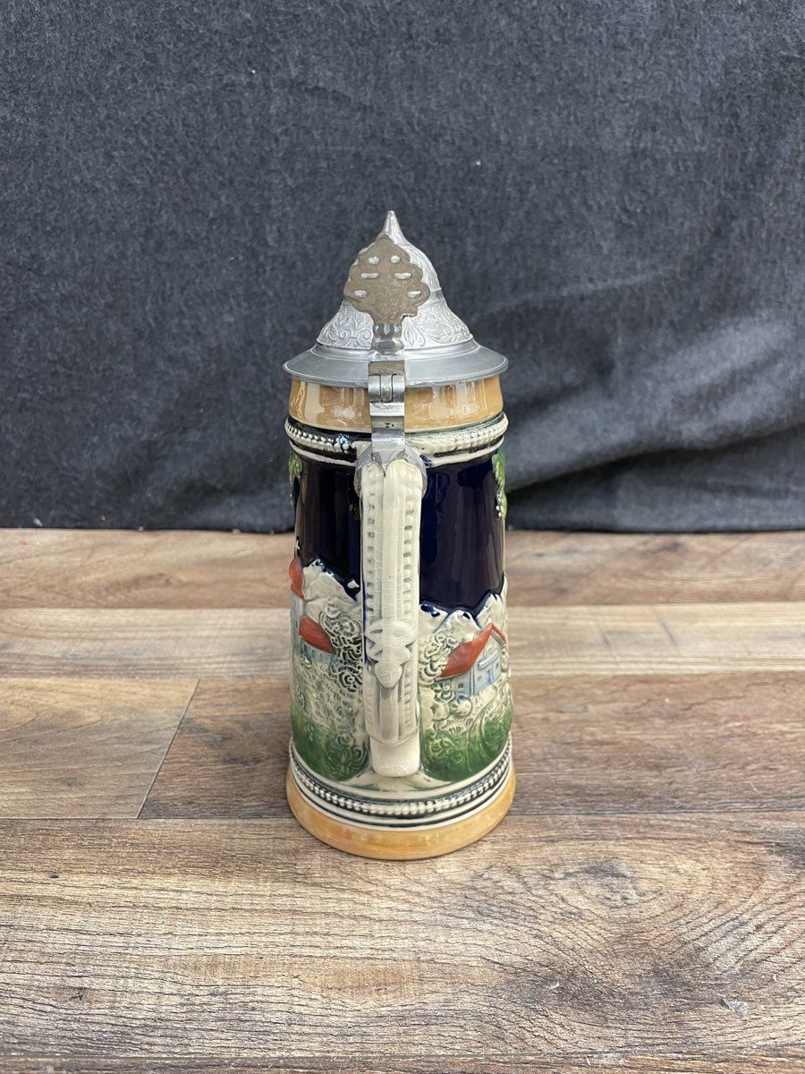 Vintage W. Germany Beer Stein 3003 Lidded Mug Cobalt Blue Tavern Scene