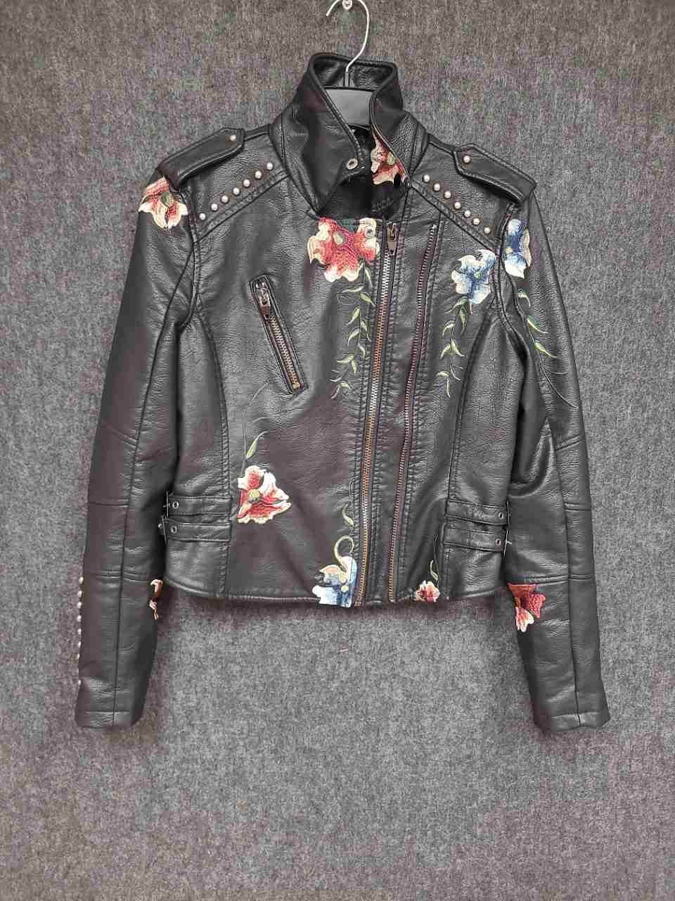Papillon Women's Black Faux Leather Moto Jacket Floral Embroidered Studded Sz S