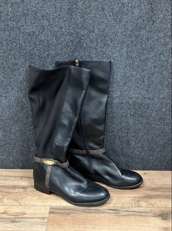 Michael Kors Black Mixed Media Tall Riding Boots MK Logo Strap Women's Size 9M