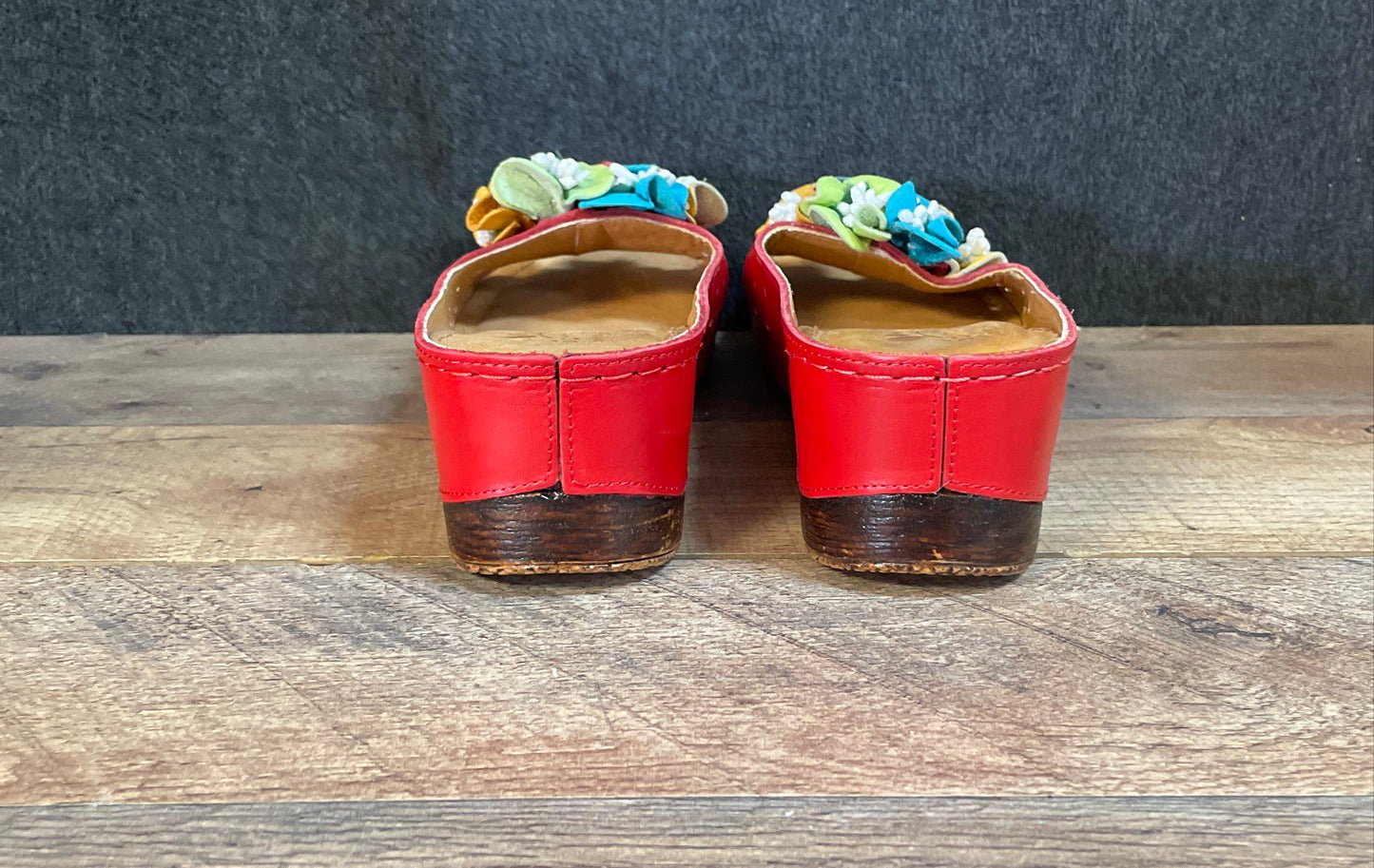 Spring Step Flowerchild Red Leather Floral Wedge Slide Sandals Size 37