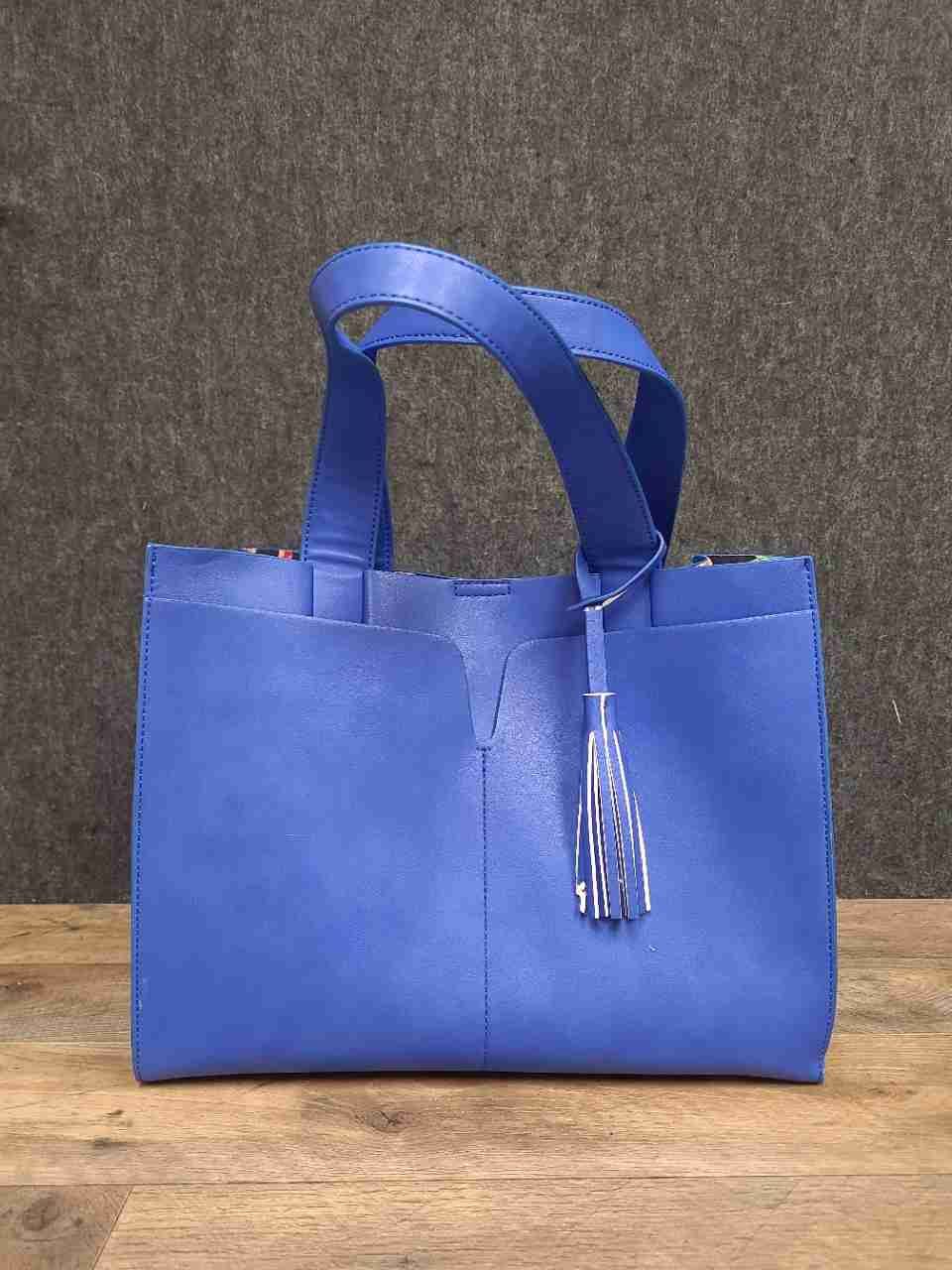 Sondra Roberts Squared Cobalt Blue Faux Leather Tote Bag Floral Lining Tassel