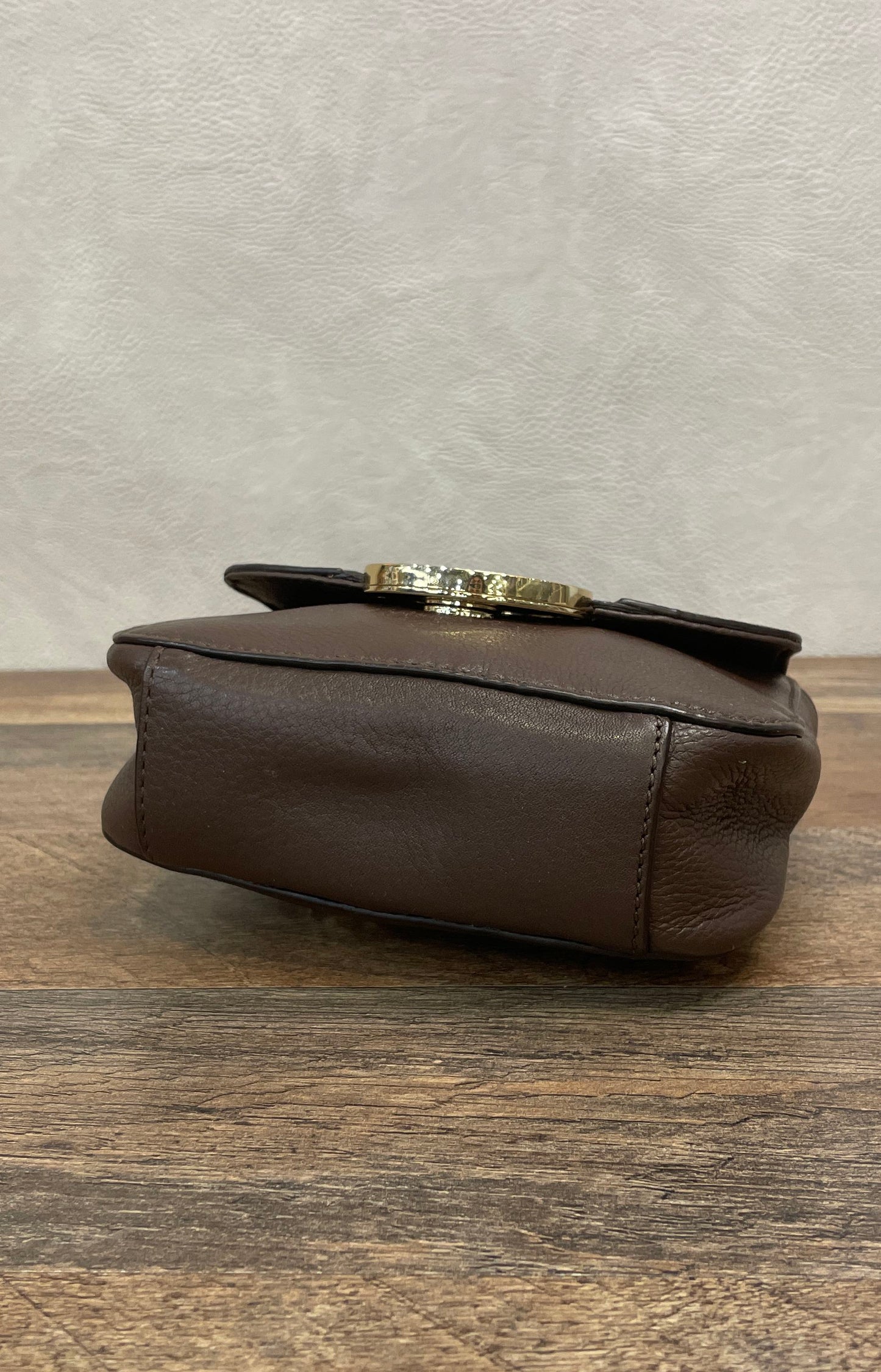 Michael Kors Brown Pebbled Leather Small Crossbody Bag Gold Logo Chain Strap