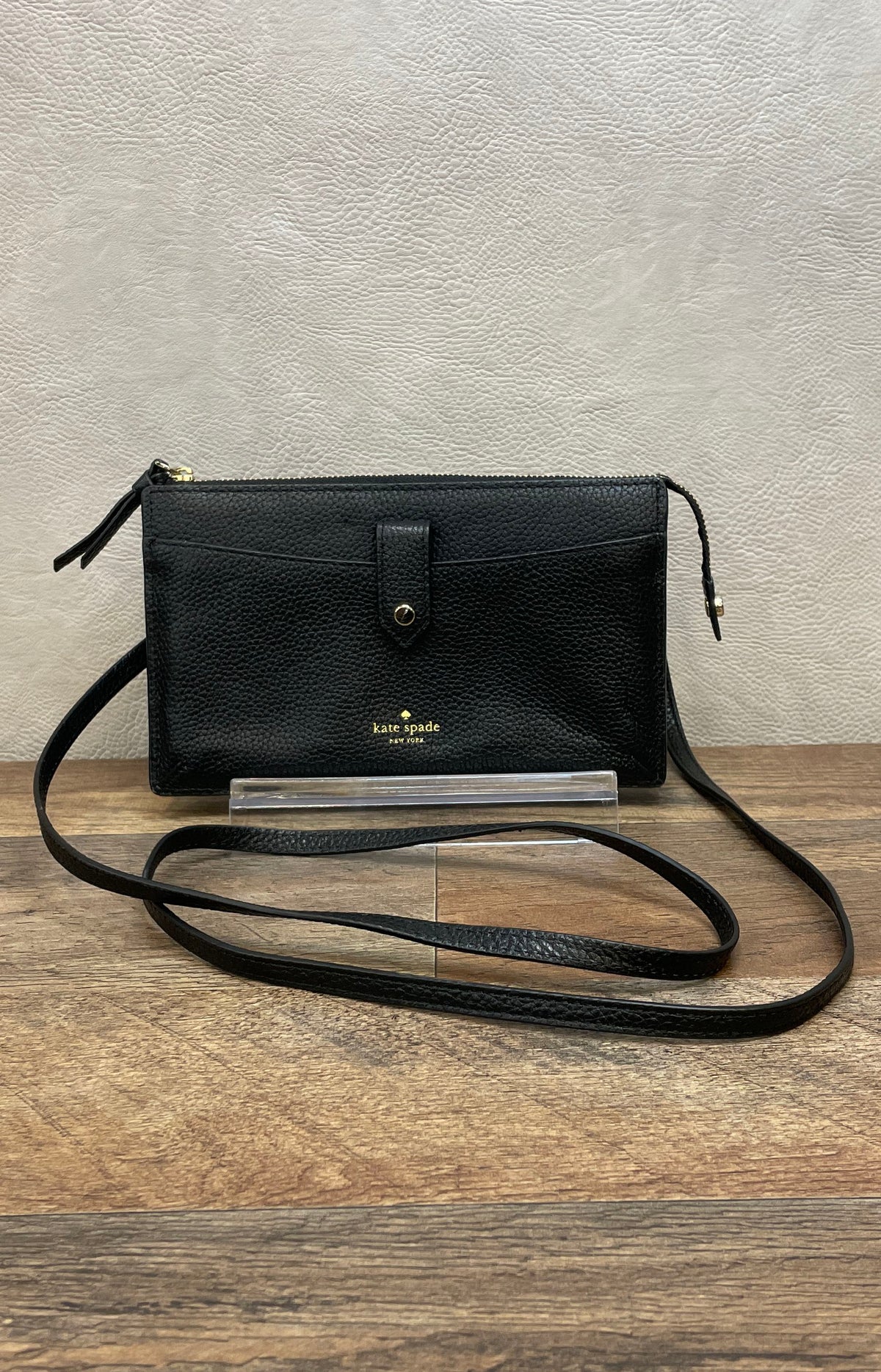 Kate Spade Black Pebbled Leather Wallet on Chain Crossbody Bag Gold Hardware