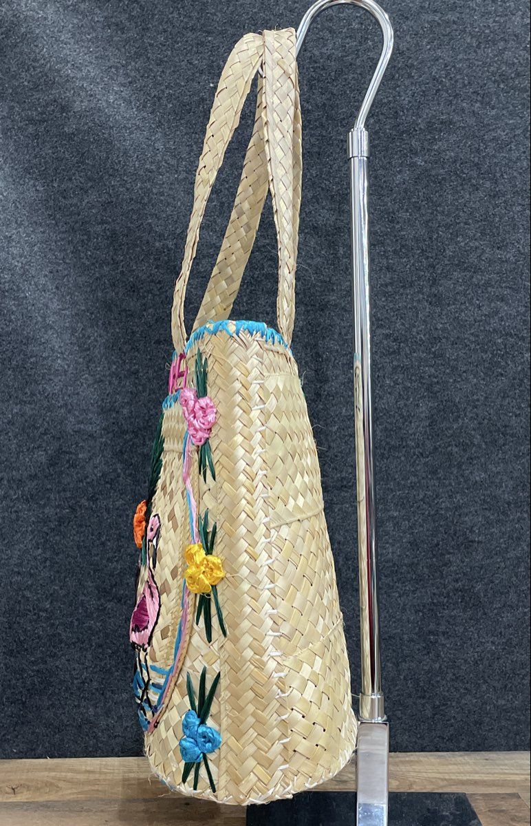 Vintage 80s B.E.M. Wood Design Bahamas Straw Tote Bag Flamingo Palm Tree COA