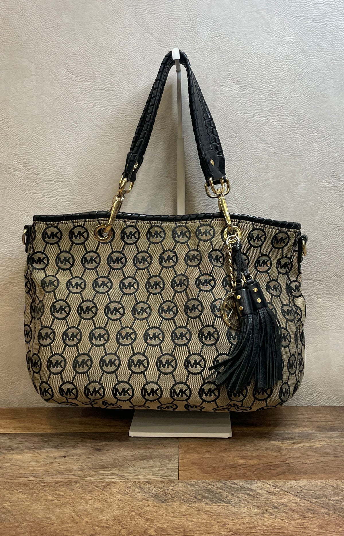 Michael Kors Beige Black Monogram Canvas Shoulder Bag Gold Tassel Braided Handle