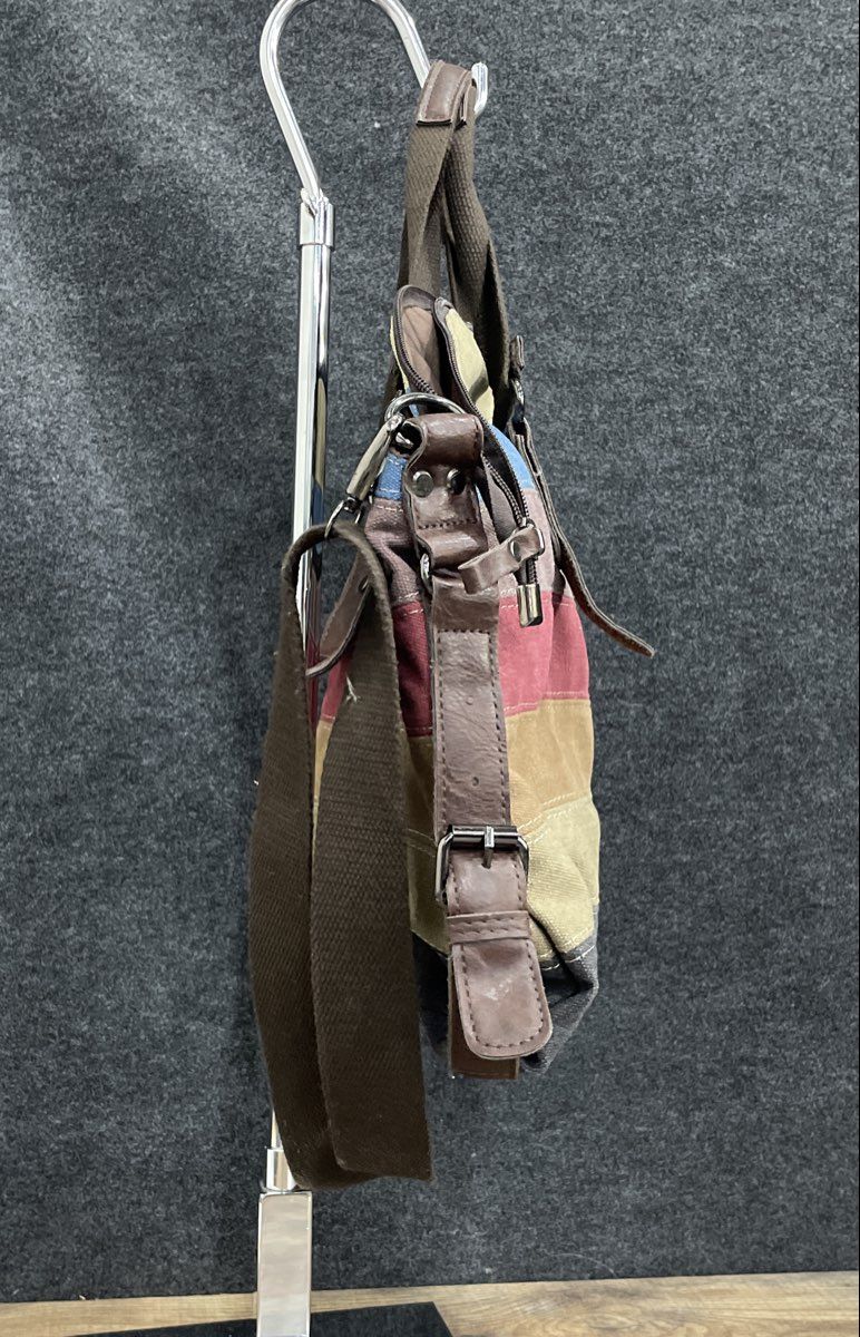 Classic Fashion Multi-Color Striped Fabric Satchel Crossbody Bag Brown Trim