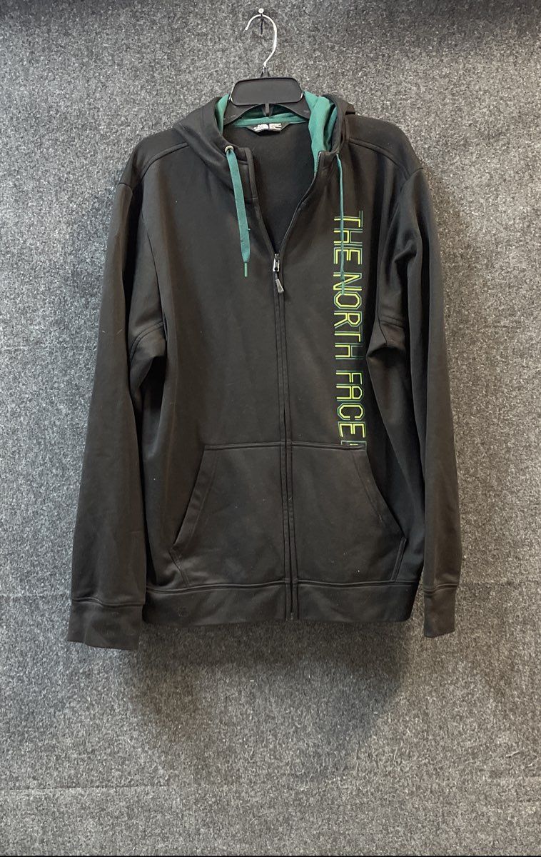 The North Face Men's Full Zip Fleece Hoodie Black Green Vertical Logo Size XL