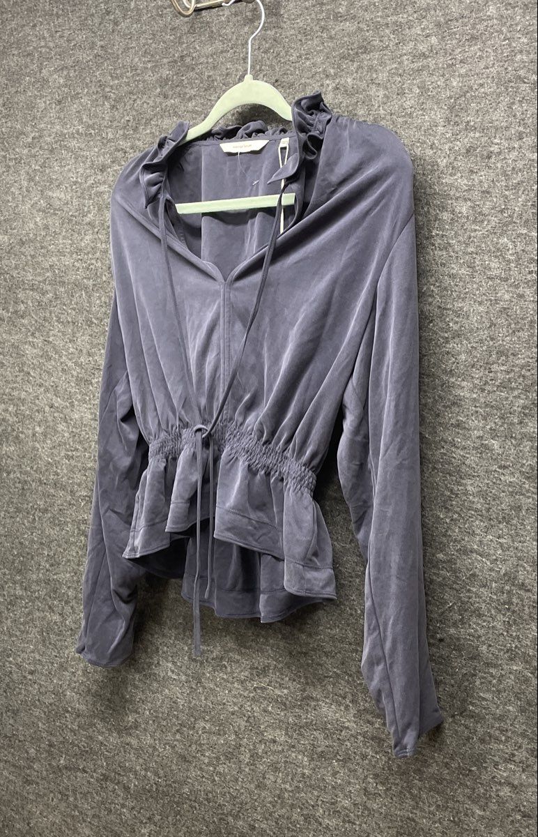 Rebecca Taylor Women's Navy Sandwash Cupro V-Neck Ruffle Pullover Sz M NWT