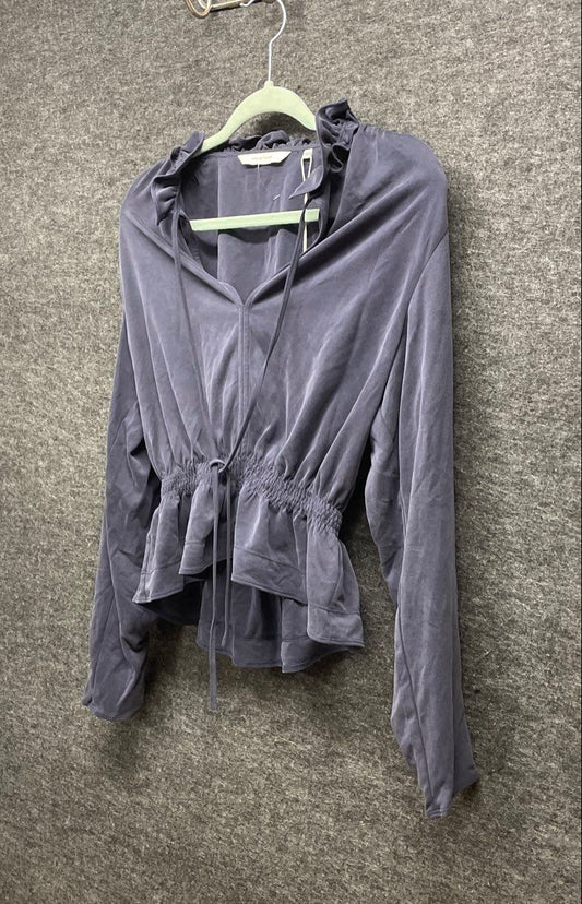 Rebecca Taylor Women's Navy Sandwash Cupro V-Neck Ruffle Pullover Sz M NWT