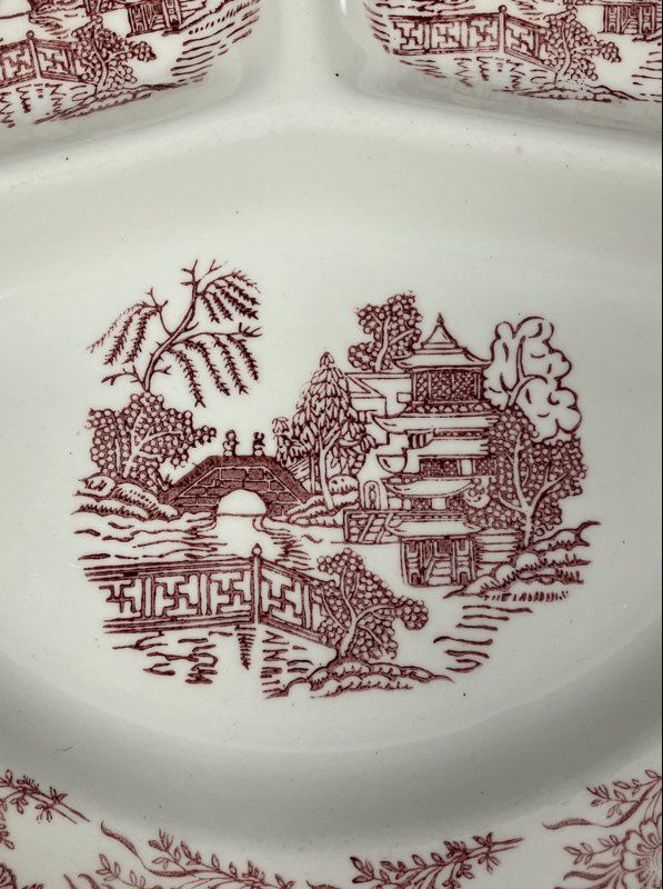 Red Willow Transferware Divided Grill Plates Set 4 Piece Made in USA Vintage