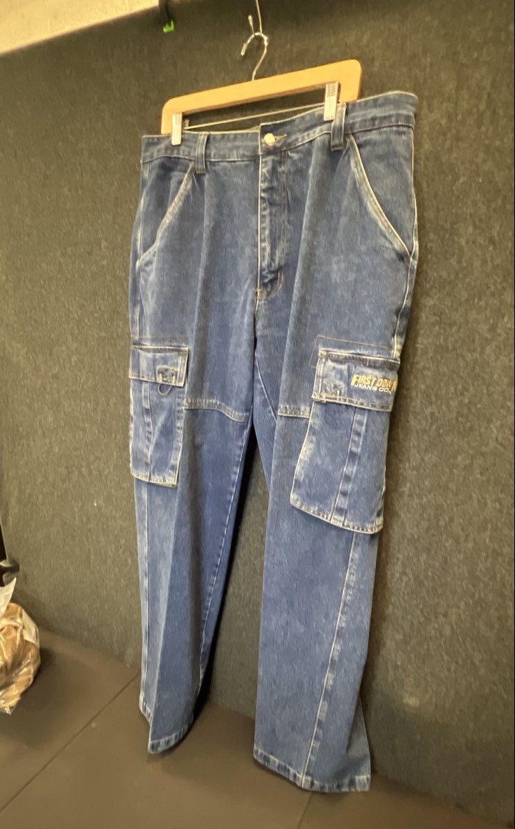 Vintage 90s First Down Men's Blue Baggy Cargo Denim Jeans Multi-Pocket Sz 38x34