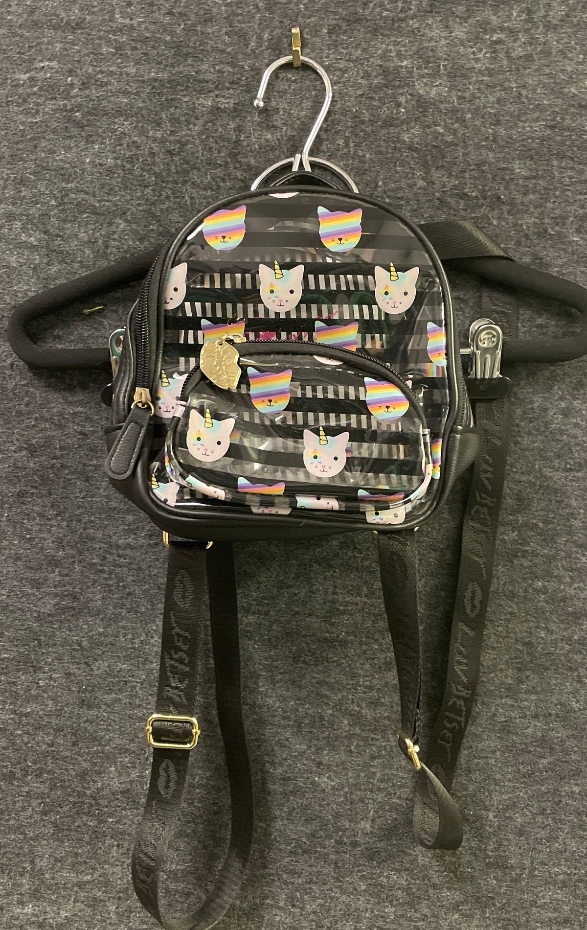 Luv Betsey by Betsey Johnson Black Clear Unicorn Cat Striped Mini Backpack Bag