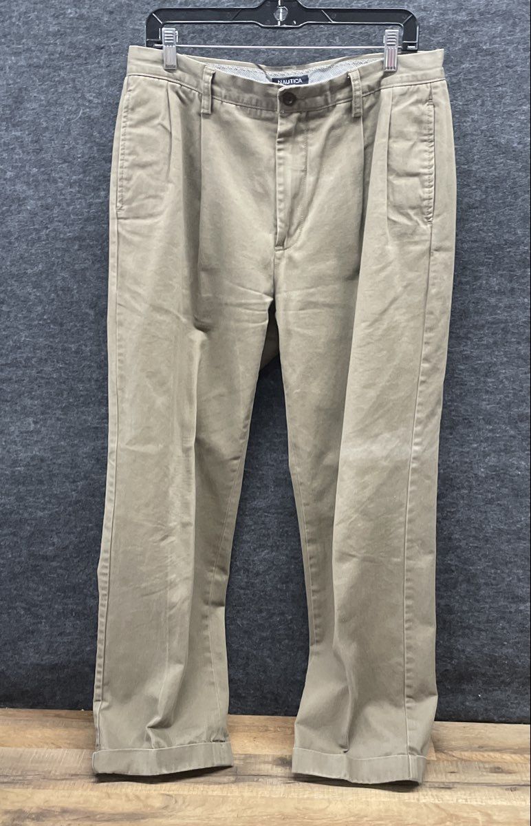 Nautica Men's Rigger Brown Pleated Cotton Cuffed Pants Size 33x30