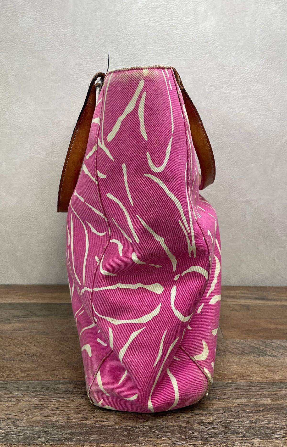 Kate Spade Pink Floral Canvas Tote Bag Brown Leather Trim Large