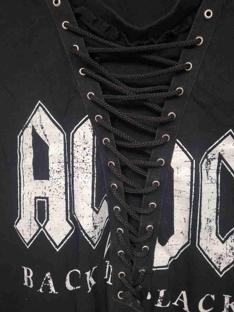 AC/DC Back in Black Album T-Shirt Reprint Lace-Up V-Neck Womens Sz L
