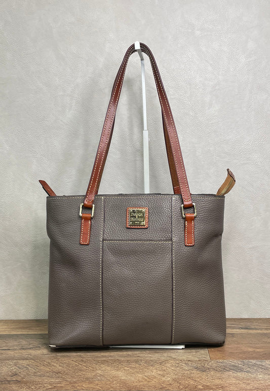 Dooney & Bourke Grey Pebbled Leather Zip Top Tote Bag Tan Trim Gold Hardware