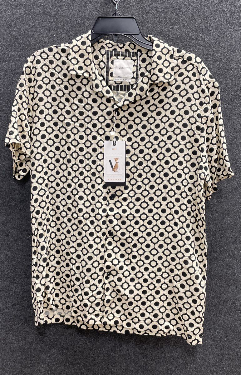 Denim & Flower Men's Short Sleeve Floral Mod Shirt Black Cream Viscose Sz M NWT