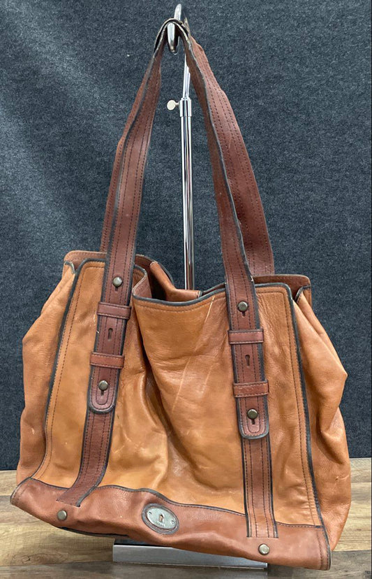 Fossil Brown Leather Large Tote Shoulder Bag Brass Hardware