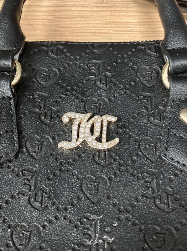 Juicy Couture Black Embossed Rhinestone Logo Satchel Crossbody Bag Gold Tone