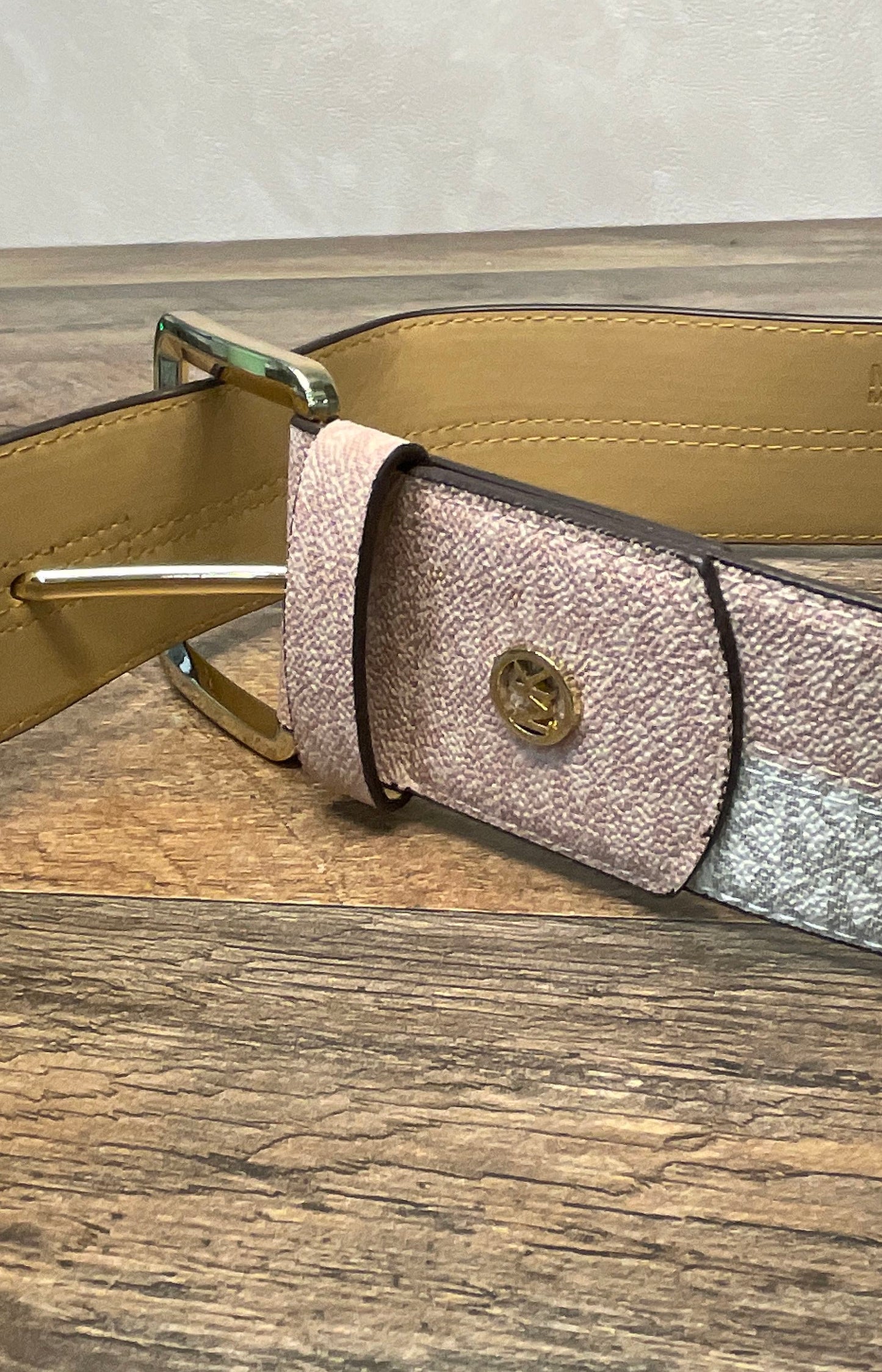 Michael Kors Women's Monogram Colorblock Waist Belt Pink Gray Gold Buckle Sz S