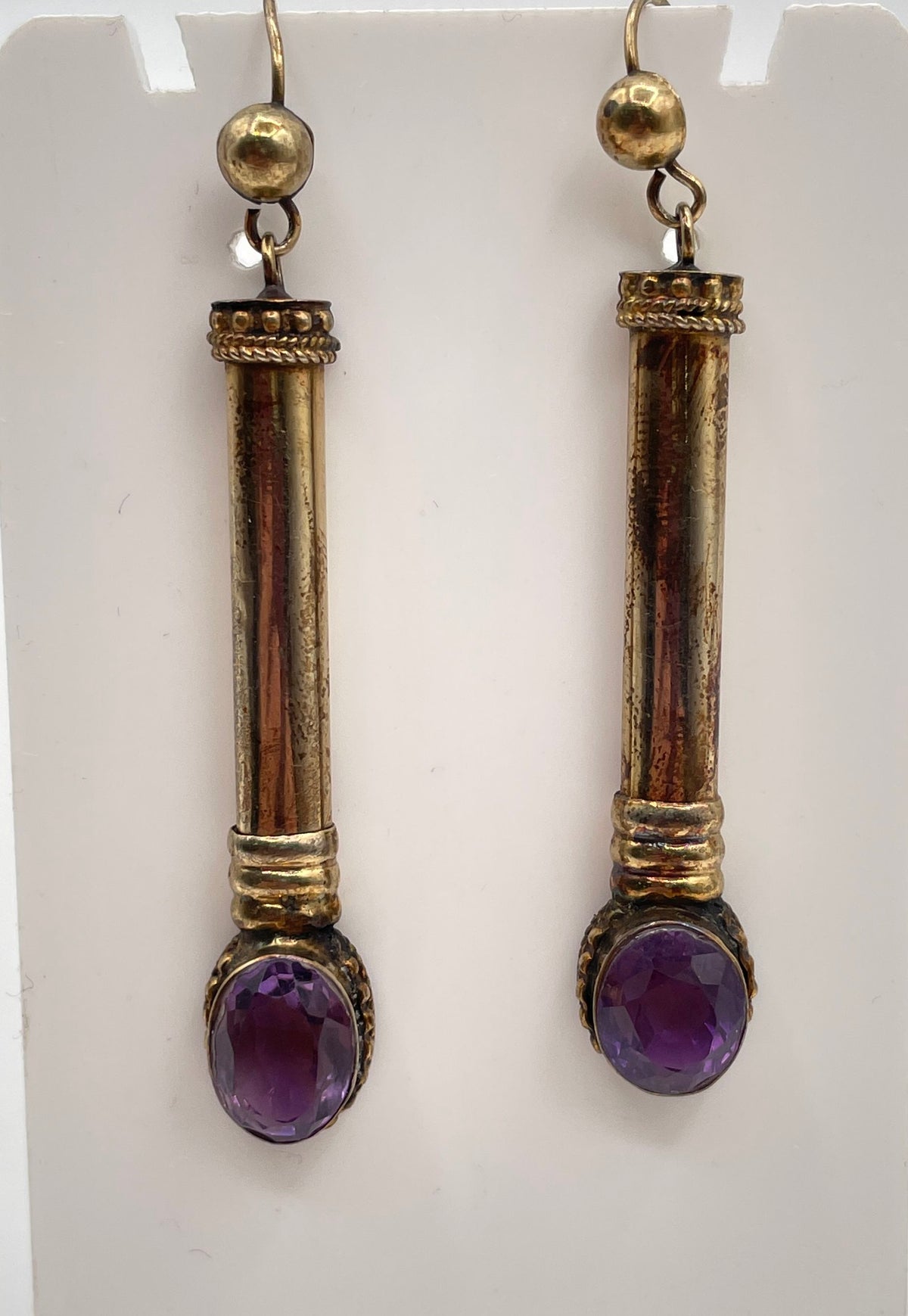 925 Sterling Silver Gold Tone Oval-Cut Amethyst Pillar Drop Earrings 8g