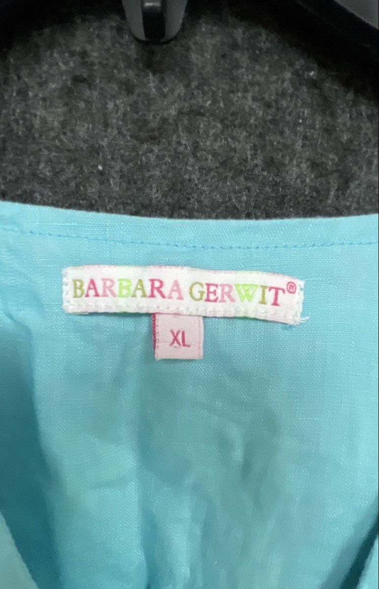 Barbara Gerwit Women's Aqua Tunic Top Embroidered Palm Tree Tropical Size XL