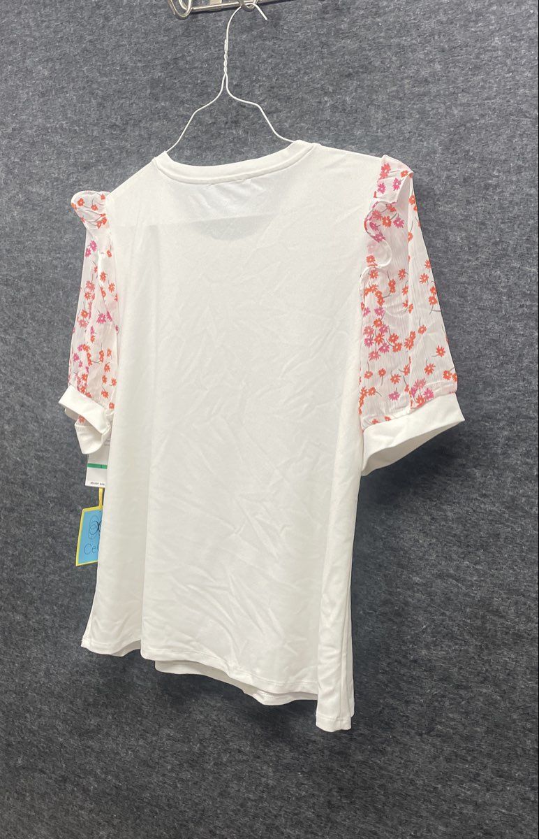 CeCe Women's White Floral Ruffle Sleeve Mixed Media Crew Neck Top Sz L NWT